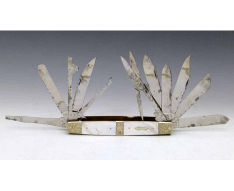 Stan Shaw exhibition pocket knife with mother-of-pearl grips,signed SS-80, fitted with eleven Wm Rodgers* folding tools inclu