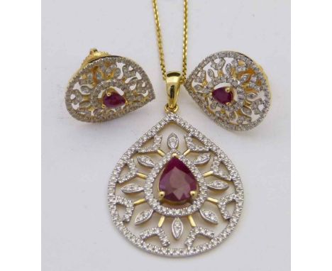 Ruby and diamond necklace and matching ear studs, in each the pear shaped coloured stone in a pear shaped open work setting o