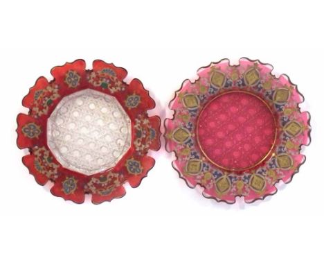Two Bohemian ruby glass enamelled plates with shaped rims and cut bases, mid-19th century, (2) 19cm diameter Condition report