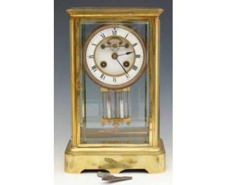 French four-glass mantel clock, late 19th century, the bevelled plate sides enclosing a white enamel Roman chapter ring and r