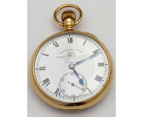 9ct gold cased open faced pocket watch, Chester 1926, white enamel dial named Thos Russell Liverpool, Swiss lever movement in