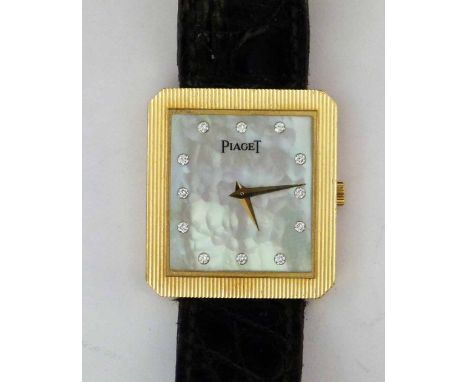 Piaget 750 gold dress watch, 1994, serial 8154 526880, rectangular mother-of-pearl dial with diamond numerals in a reeded cas