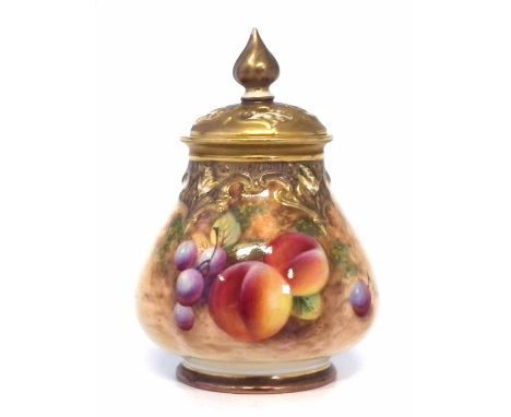 Royal Worcester lidded vase signed Roberts, painted with fallen fruit, black printed mark to base, 12.5cm high Condition repo