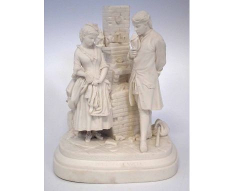 Parian figure group modelled with Dolly Varden and Joe Willet, titled Joe's Farewell after D.C. French, moulded marks to edge