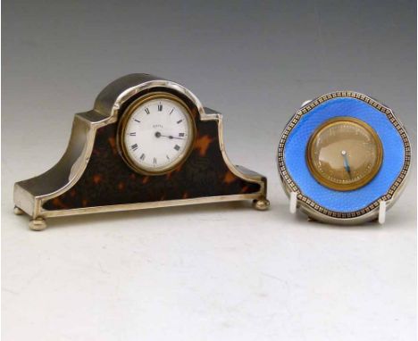 Silver and guilloche enamel mounted easel clock, Birmingham 1926, the circular block set with a Swiss 8-Day balance wheel mov