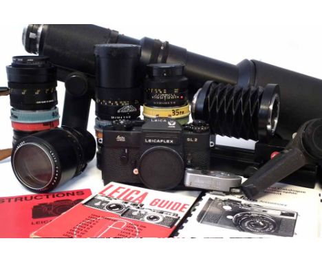 Extensive Leica Leicaflex SL2 Jahre 50th Anniversary outfit, the camera in black serial number 1416543 with ever ready case, 