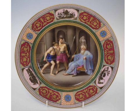 Vienna type plate, painted with a classical scene within raised gilt borders, painted marks and Beehive to base, mid to late 
