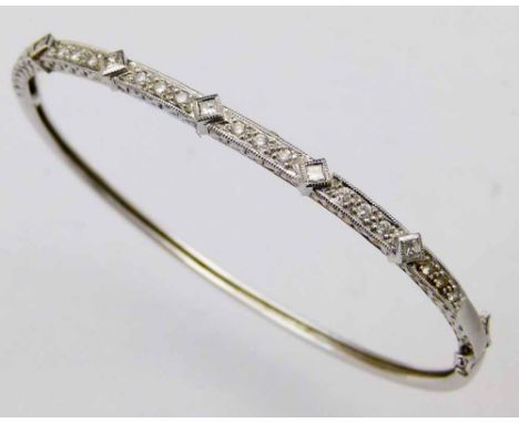 14k gold and diamond hinged bangle, the half hoop set with round and princess cut stones, 8.6g gross.