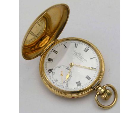 9ct gold cased hunter pocket watch, Dennison case Birmingham 1933, white enamel Roman dial named H Samuel, Manchester, gold c