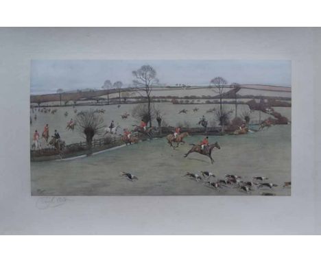 After Cecil Aldin (1870-1935), Hunting scene, signed in pencil in the margin, unframed, colour lithograph, image size 33 x 64