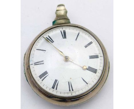 Silver pair cased pocket watch, case Birmingham 1813, white enamel Roman dial, fusee and verge movement, pierced cock with po