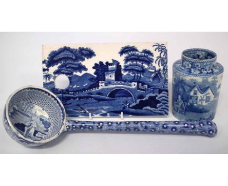 Blue transfer printed ladle, palette and tea caddy, the tea caddy incised with Martha Pennington 1826 and decorated with Jess