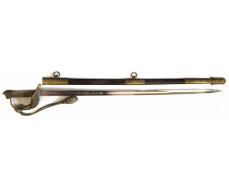 Royal Navy 1827 pattern officers sword, with lion pommel, folding hand guard, dress knot, and leather scabbard, overall lengt