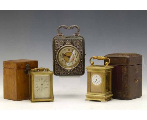 Miniature French brass carriage clock, gilt card face with enamelled |Roman dial named by the retailer Thos Reynoldson &amp; 