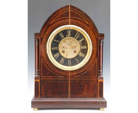 Lancet shaped mahogany bracket clock, late 19th century, black marble chapter ring and recessed gilt field with exposed agate