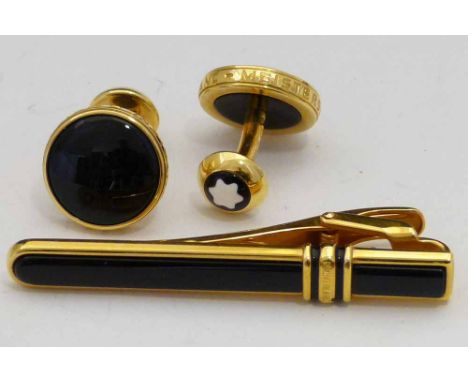 Montblanc gilt metal tie clip with black inserts; a pair of Montblanc 750 gold cufflinks, 14.3g, (3)