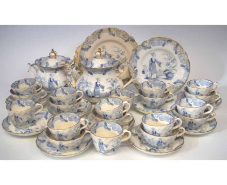 Rockingham tea / coffee service circa 1840 printed with Chinese figures in underglaze blue pattern number 1106, to include a 