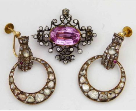 Pair of antique rosecut diamond earrings both in the form of a hand with a ruby ring holding a crescent, later 9ct gold screw