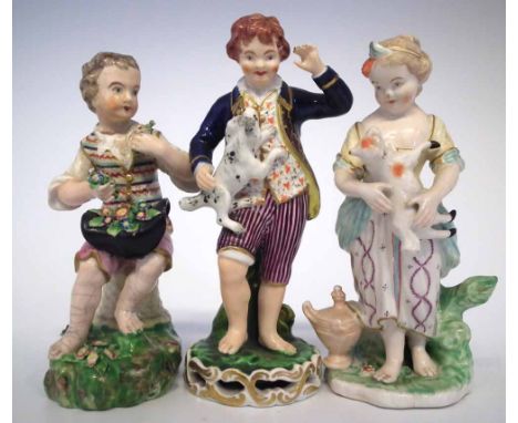 Three Derby figures of children 1770 to 1830, model with a hat of flowers, pet lamb, and pet dog, inscribed and printed marks