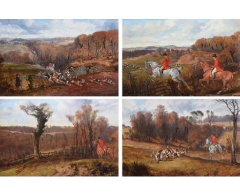 John Alfred Wheeler (1821-1903), Hunting scenes to include "Gone Away"; "Full Cry"; "Clearing a Gate" and "The Death", signed