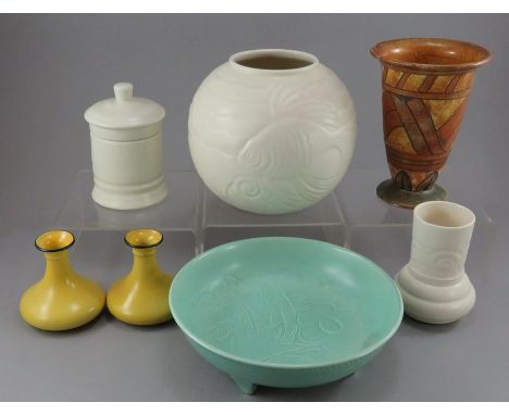 A group of early twentieth century ceramics, c.1920-40. To include: two Spode Velamour vases and a similar lidded pot, a Susi