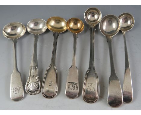 A Victorian cast silver "fiddle and thread" viniagrette spoon. London 1844 by George Adams. Together with other silver mustar