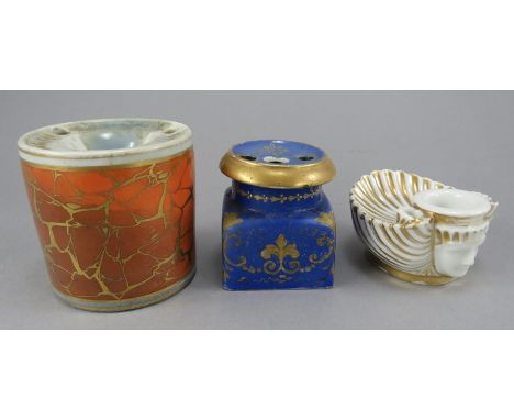 A group of early nineteenth century porcelain ink wells, c. 1810-15. Comprising of a Spode blue ground and gilt decorated wel