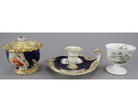 A group of early nineteenth century porcelain wares, c. 1820-30. To include: a Minton bat printed moulded egg cup, a hand-pai