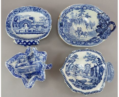 A group of four nineteenth century blue and white transfer-printed pickle dishes, c.1820. To include: A Davenport Rustic Scen