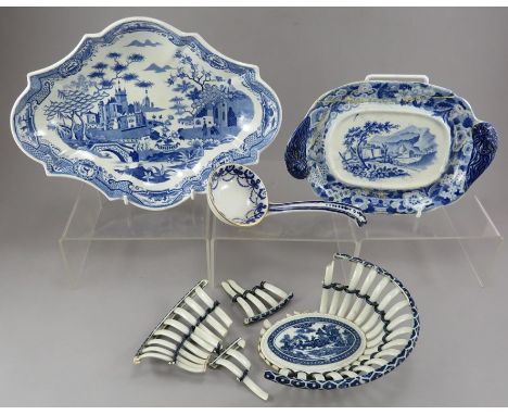 A group of largely early nineteenth century blue and white transfer-printed wares, c.1820. To include: a Spode Gothic Castle 