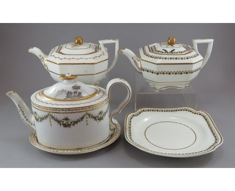 A group of three early nineteenth century Spode porcelain teapots c. 1810-20. To include: an oval shape teapot and stand with