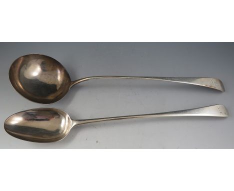 A Geo III "Old English" pattern silver basting spoon bearing a monogram. (2)Stretched halmarks but probably London 1770s7.5 t