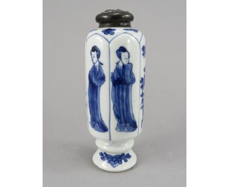 A late seventeenth century blue and white hand-painted Chinese Kangxi incense stick holder, c. 1688-1700. It is decorated in 