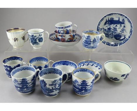 A mixed group of mainly late eighteenth century blue and white transfer-printed porcelain tea wares, c. 1780-1800. To include