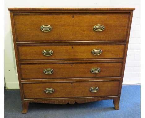 A late George III mahogany cross banded oak secretair  chest with sliding fitted top drawer over three further drawers. Raise