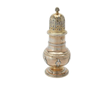 
	
		A late Victorian silver gilt baluster sugar caster by Martin Hall &amp; Co. Ltd., Sheffield 1896, with a bud finial to t