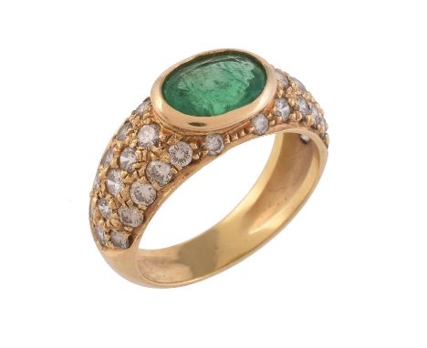 
	
		A diamond and emerald dress ring, the central oval cut emerald within a pavé set brilliant cut diamond setting, approxim