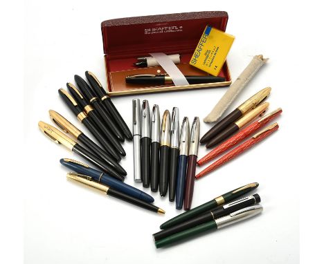 
	
		Sheaffer, a collection of fountain pens, to include a Sheaffer red enamel fountain pen and roller ball pen; a similar go