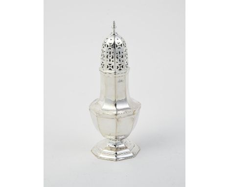 
	
		An Edwardian silver octagonal baluster sugar caster by Stokes &amp; Ireland Ltd., Chester 1907, with a bell shaped finia