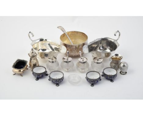 
	
		A collection of silver and silver mounted items, to include: a pair of shaped oval sauce boats by Asprey &amp; Co. Ltd.,