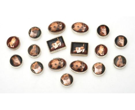 
	
		A collection of silver and enamel boxes, London marks, painted with cats, various designs, approximately 300g (9 oz) gro