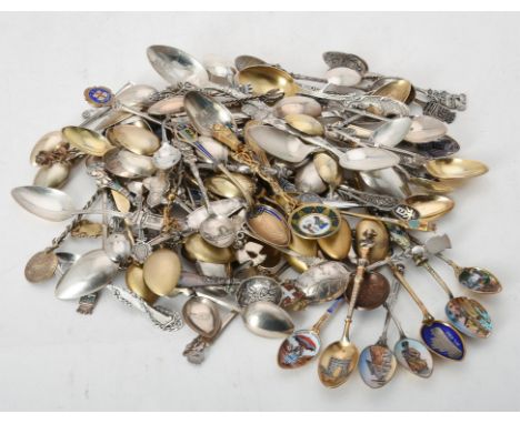 
	
		A collection of continental silver, silver coloured, silver gilt and enamel souvenir spoons, various makers, dates and c
