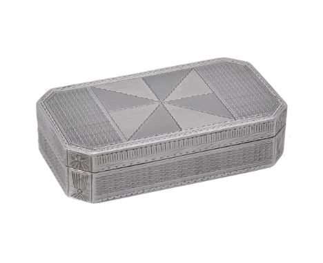 
	
		An Austrian silver rectangular box with cut corners, circa 1807, with engine turned decoration, 8.5cm (3 1/4in) long, 13