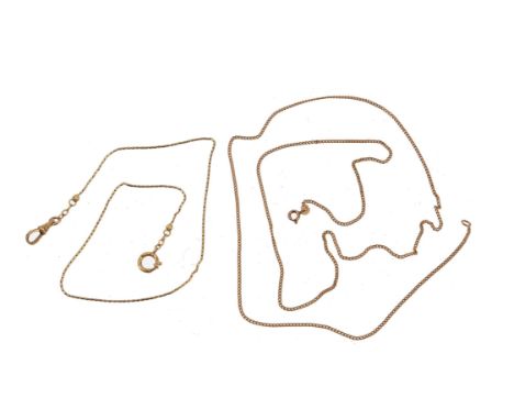 
	
		A gold coloured Albertina chain, the chain composed of polished tubular links, to scrolled claw and ring bolt clasps, st