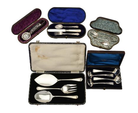 
	
		Y&nbsp;A collection of cased silver flatware, to include: a silver Hanoverian pattern three piece serving set by Cooper 