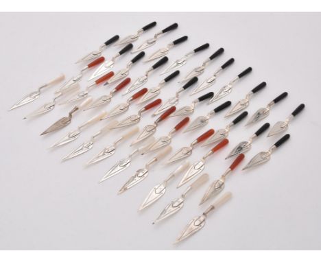 
	
		Y&nbsp;A collection of silver mounted trowel bookmarks, London import marks, with mother of pearl and hardstone handles,