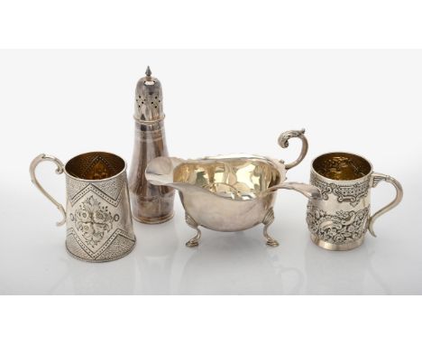 
	
		A collection of silver items, to include: A Victorian tapered christening mug by Charles Boyton II, London 1868, with a 