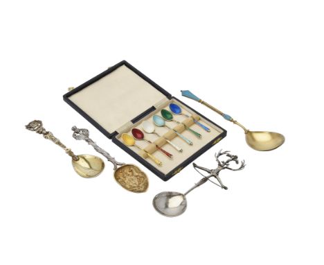 
	
		A cased set of six Danish silver gilt and enamel coffee spoons, import mark for London 1959, with enamelled handles and 