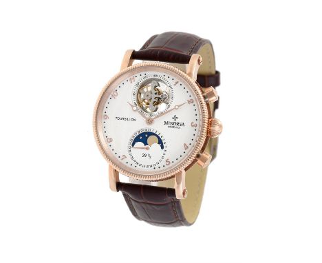 
	
		Minorva, Tourbillion,
		Gold plated wrist watch
		Movement: Manual wind tourbillion
		Case: Gold plated case, screw down