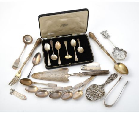 
	
		A collection of silver flatware, to include: a set of six Victorian silver fiddle pattern tea spoons by Josiah Williams 